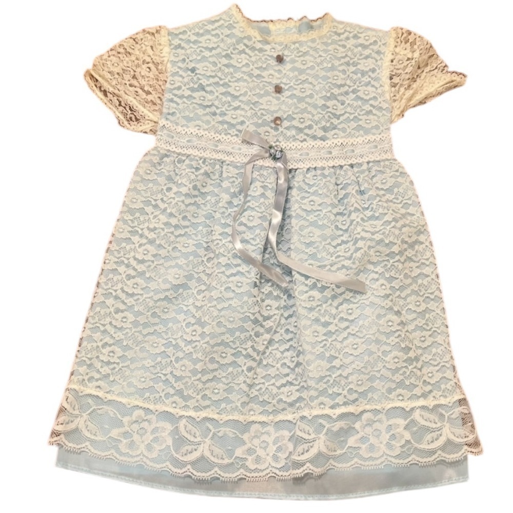 Vintage Girls Dress Light Blue White Floral Lace Faux Buttons Bow Button Back